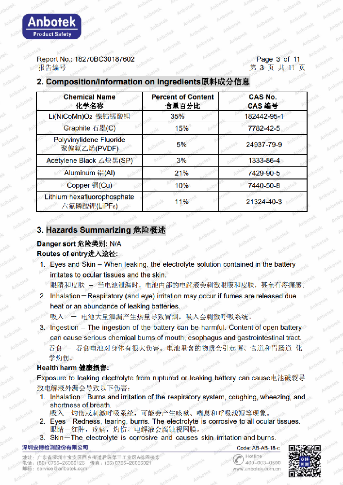 安徽嘉奇时代能源科技有限公司 MSDS